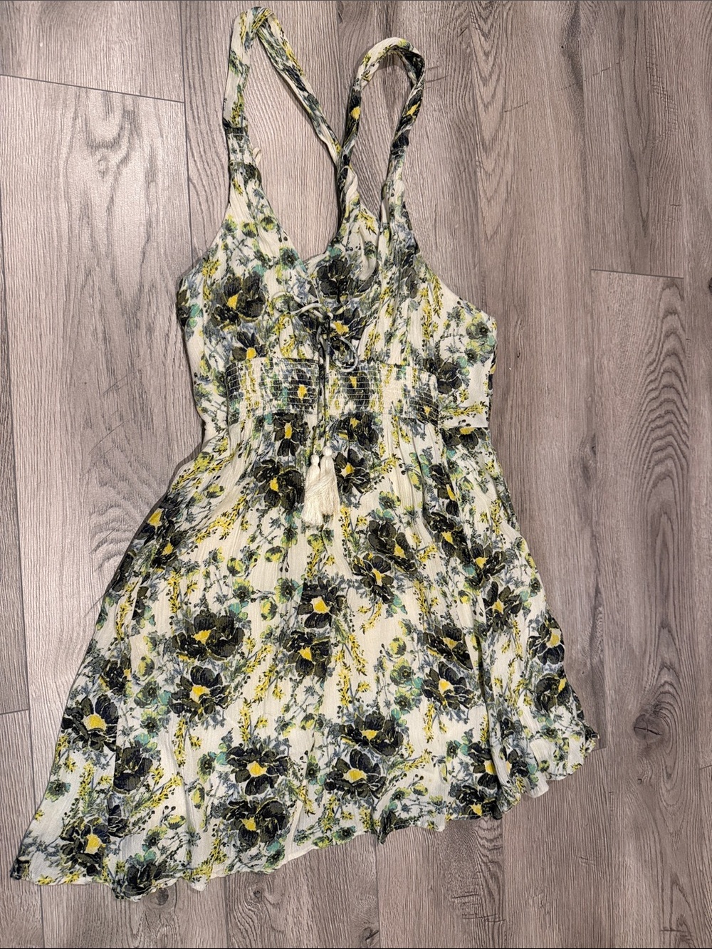 Free People Floral Mini Dress in Cream, Yellow, Green, and Black